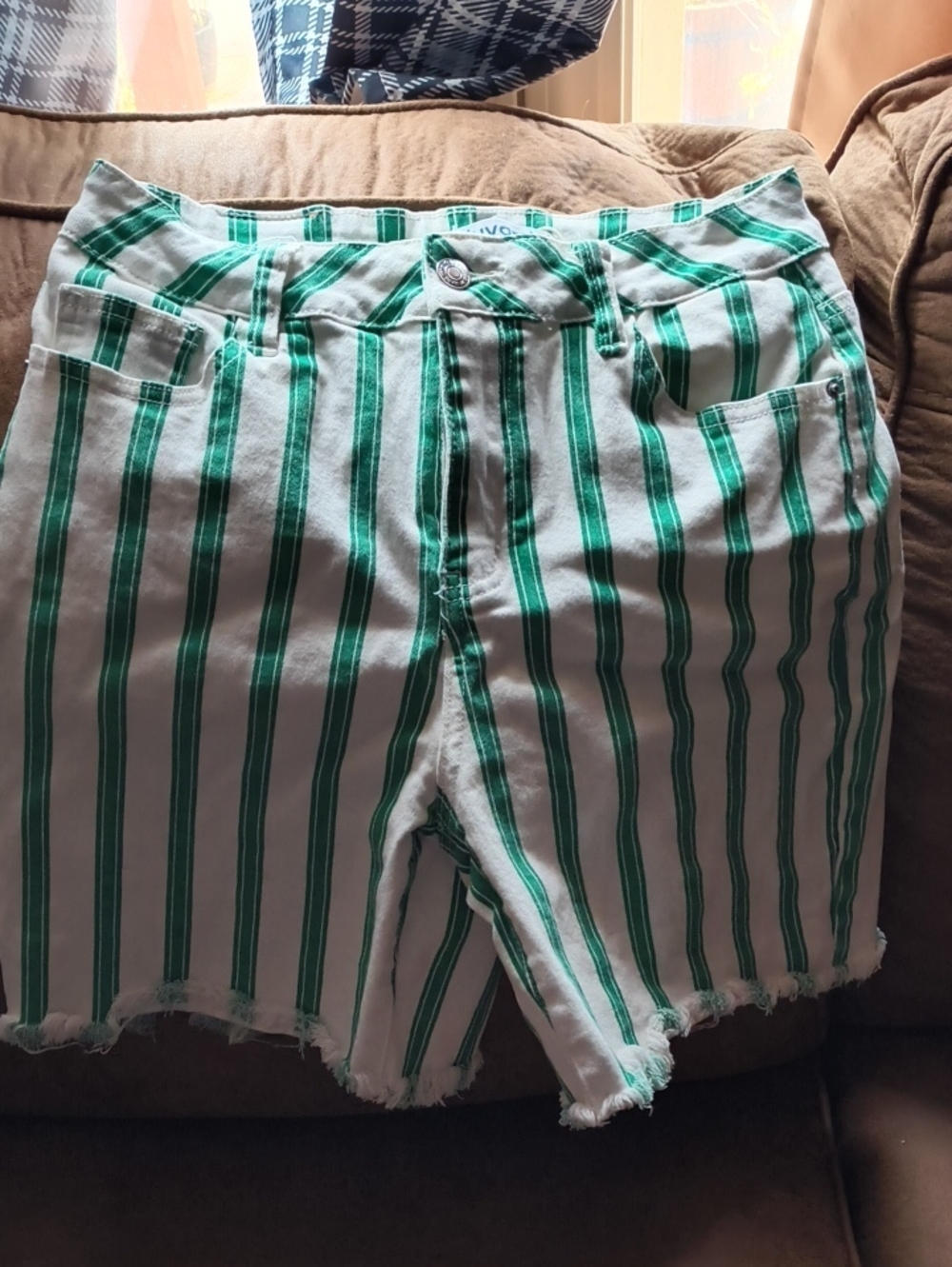 Green & White Striped Women's Denim Shorts - Casual Summer Cut